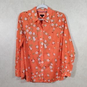 04187 Talbots orange w/white, blue & green floral print cotton blouse M